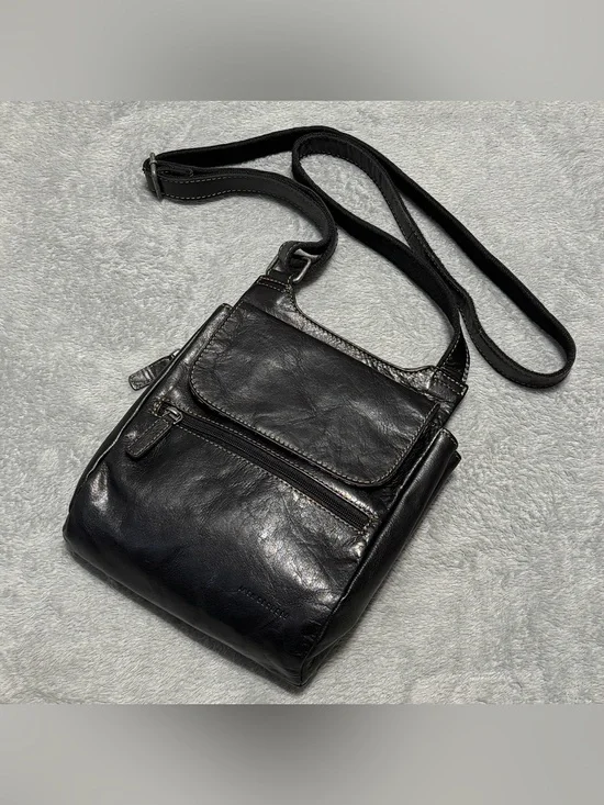 Jack Georges Black Slim Genuine Leather Organizer Crossbody Shoulder Bag NEW
