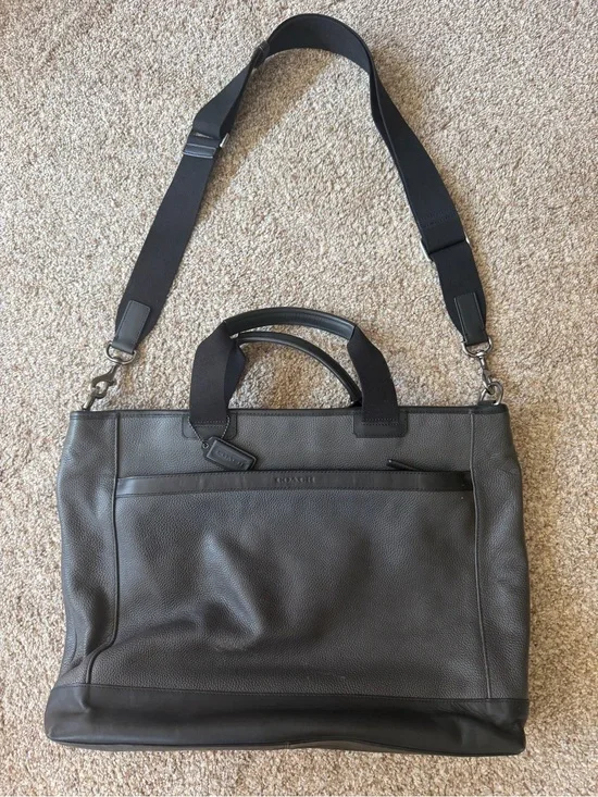 Coach Men’s Gray Pebbled Leather Laptop Briefcase with Black Strap