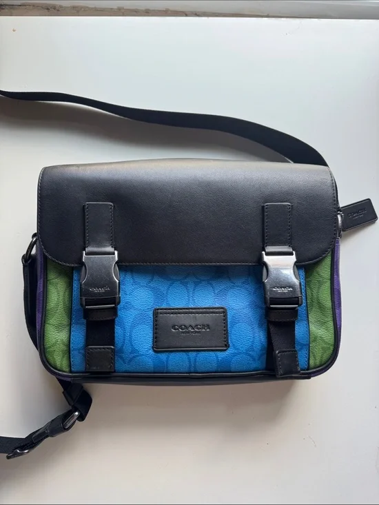 COACH Blue and Green Signature Canvas Messenger with Black Leather Flap