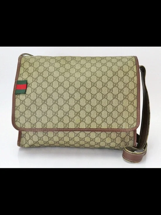 Gucci Beige GG Supreme Messenger Bag with Brown Trim and Green-Red Web