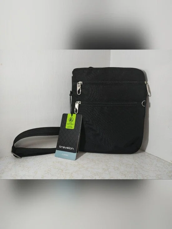 Travelon Black Men's Crossbody Messenger Bag with Front Zip Pockets
