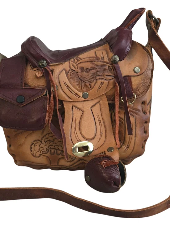 Hand-Tooled Leather Crossbody Bag in Tan and Burgundy