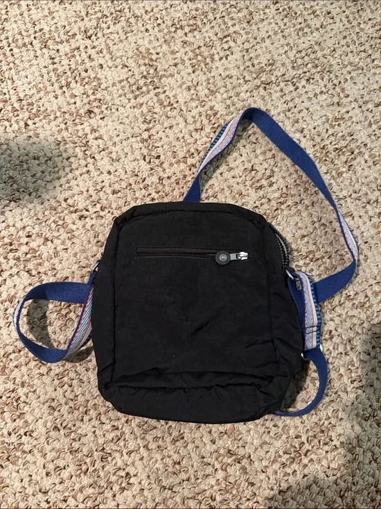 Black Crossbody Shoulder Bag with Blue Striped Strap
