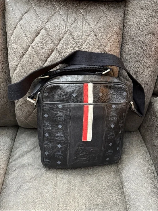 MCM- Black Crossbody Messenger Bag with Red-White Stripe