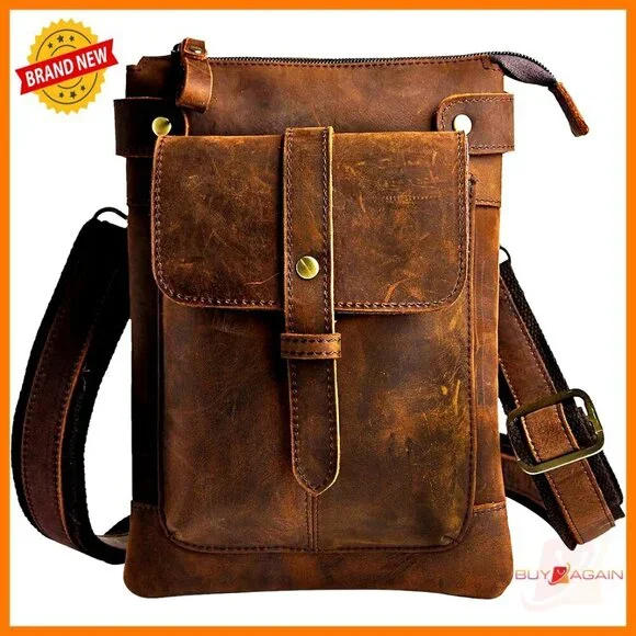 Genuine Leather Fanny Pack Messenger Bag Adjustable Strap Tablet Fit