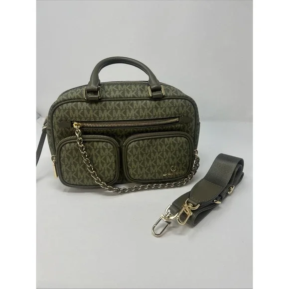 Michael Kors Olive Green Logo Messenger Bag Double Handle Gold Hardware Chain
