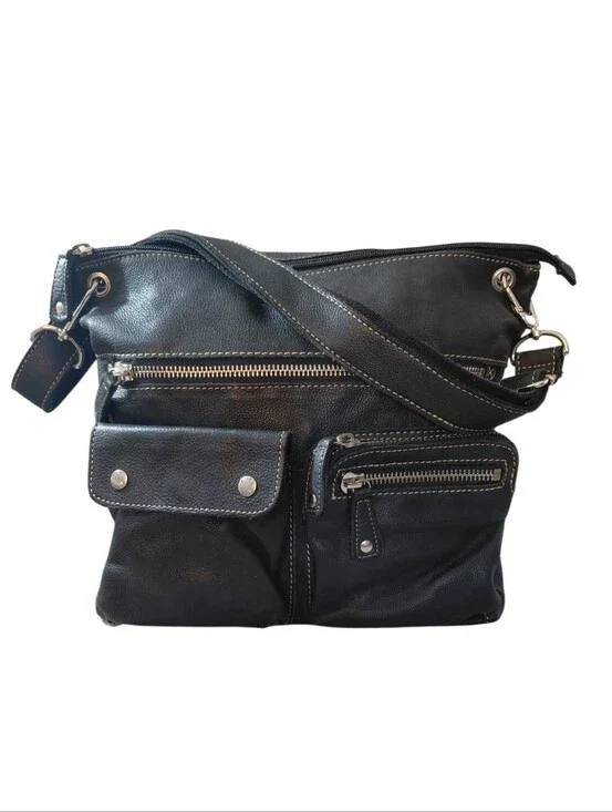 Fossil Black Leather Messenger Bag with Silver Hardware