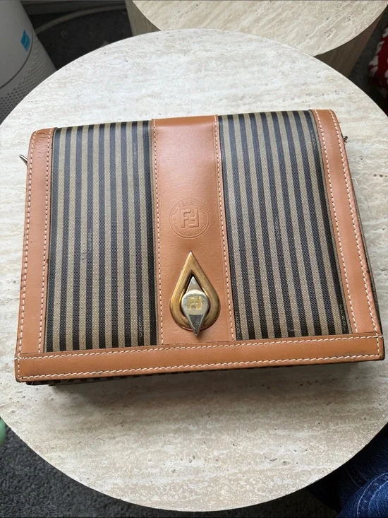 Fendi Brown & Black Striped Leather-Trim Messenger Bag with Gold-Tone Lock