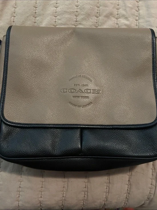 Coach Two-Tone Pebbled Leather Messenger Bag in Taupe and Black