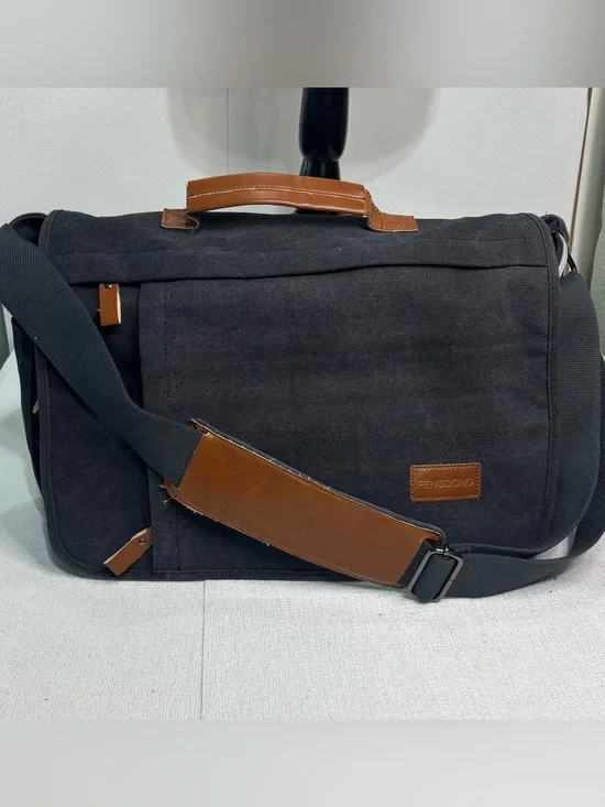 Black Canvas & Brown Leather Trim Messenger Bag FENGDONG