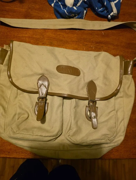Times Magazine Canvas Messenger Bag with Brown Trim, Leather And Canvas