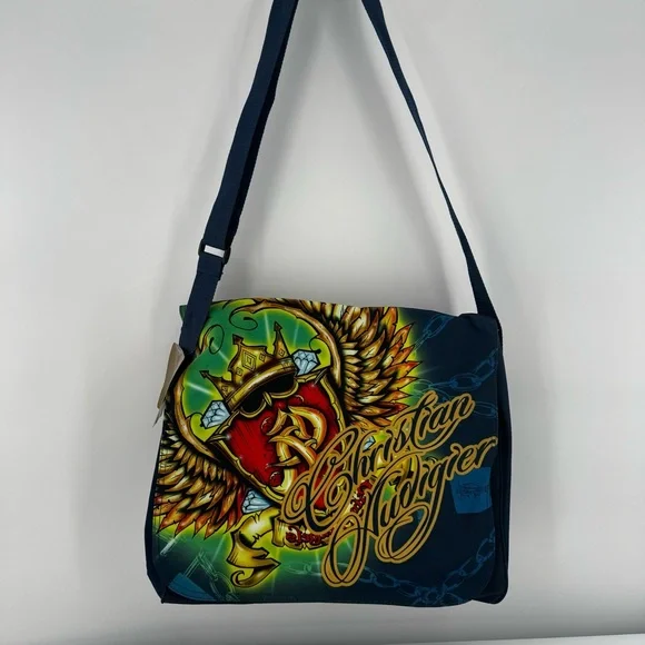 Vintage Y2k‎ Christian Audigier Ed Hardy Laptop Messenger Crossbody Blue Bag New