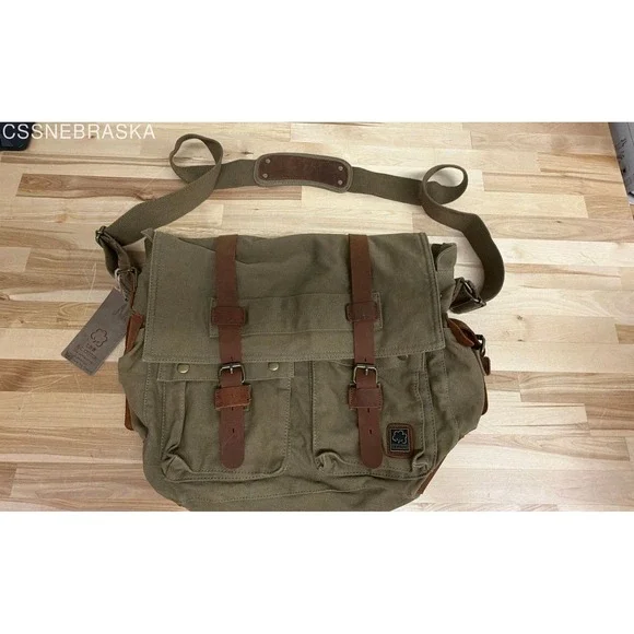 S.C. Cotton Olive Green Vintage 1038 Canvas Leather Messenger Bag Large NWT
