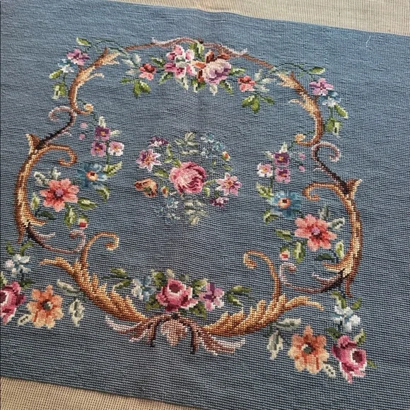 Floral Embroidered Vintage Handmade Floral Art in Blue