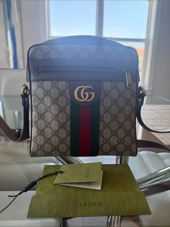 Gucci Beige GG Supreme Crossbody with Green & Red Web Stripe