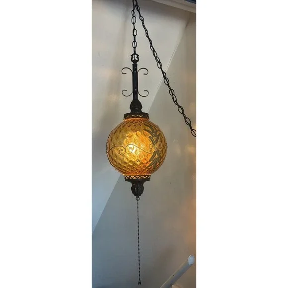 Vintage Large Amber Glass MCM  Hanging Swag Lamp Light W/ Chain