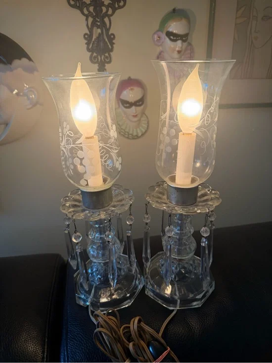 Antique Crystal Hurricane Table Lamps with Etched Shades & Crystal Prisms