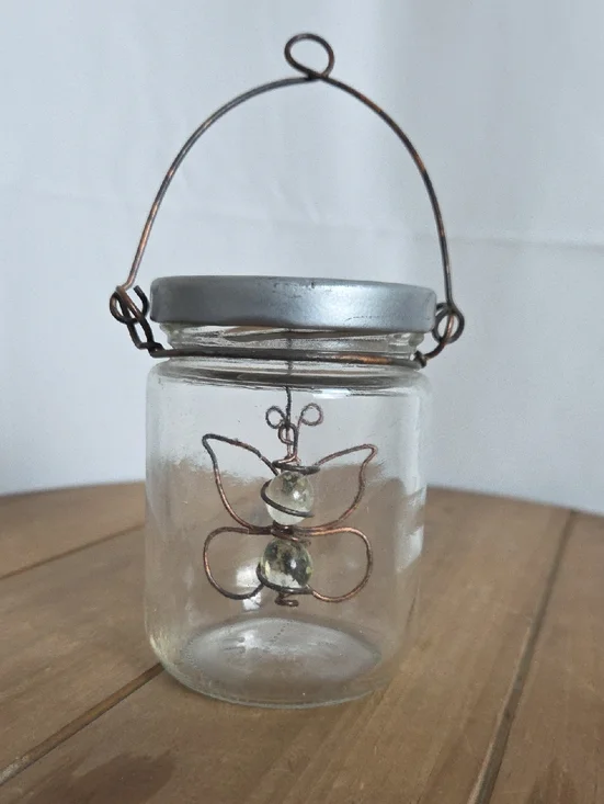 Glass Hanging Jar Lantern with Silver Lid and Copper Butterfly Accent
