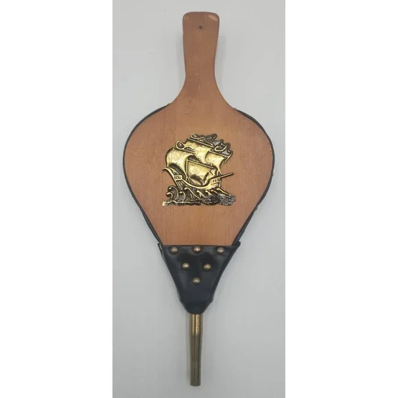 Vintage Wooden Leather Fireplace Bellows Sailboat‎ Design Decor RARE