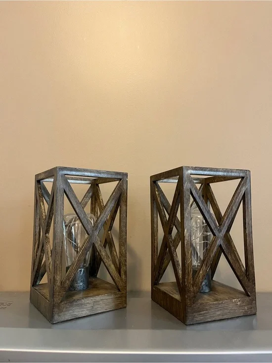 Farm house Brown Wooden Lantern Accent Lamps - Pair