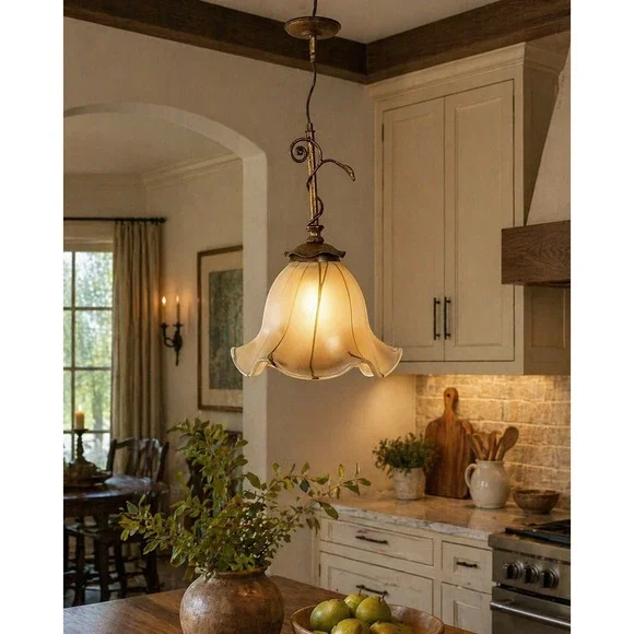 Art Nouveau Cream Floral Pendant‎ Lamp Bronze Scroll Detail Set of 2 NIB USAm