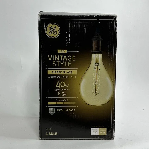 GE Vintage Style Amber Glass LED PS52 Dimmable 40w Medium Base Large Pear Tested