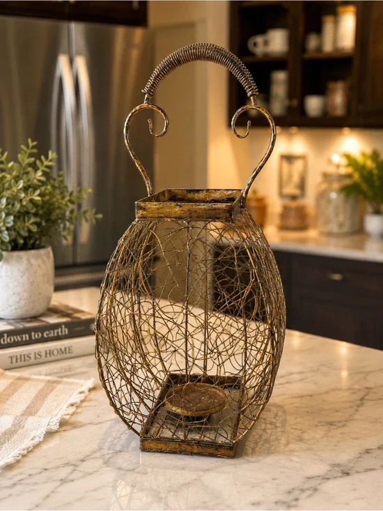 Rustic Gold Wire Lantern - Decorative Home Accent