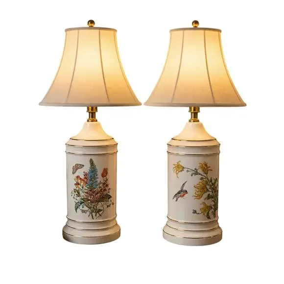 Vintage Pair White Gold Trim Ceramic Table Lamps With Floral Birds Butterflies