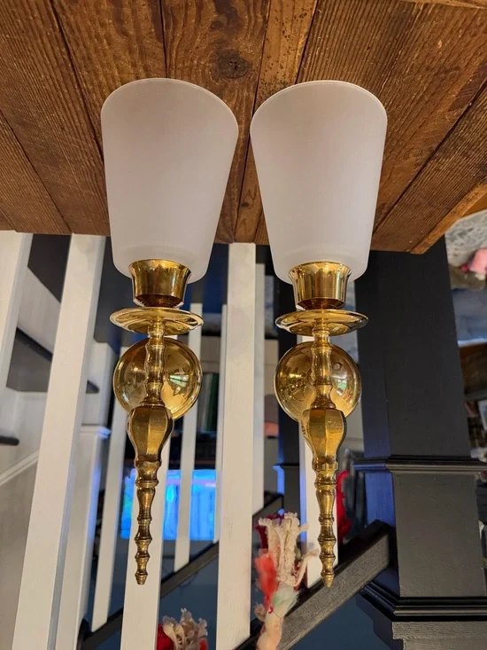 Pair of Vintage Polished Brass Candle Wall Sconces with Frosted White Shades