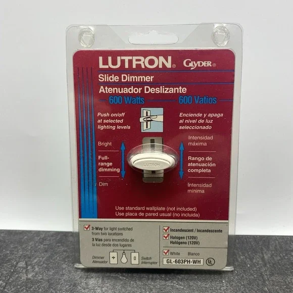 NEW Lutron White GL-603PH-WH Glyder 3-Way Push/Slide Dimmer Light Switch 600W
