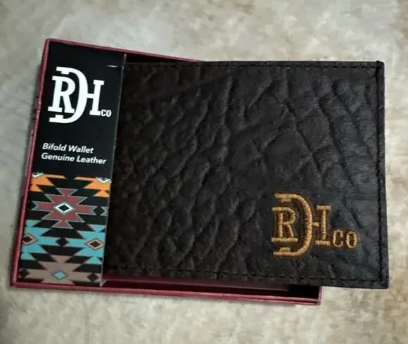 Red Dirt Hat Co Genuine Bison Grain Leather Bifold Wallet Brown NEW NIB