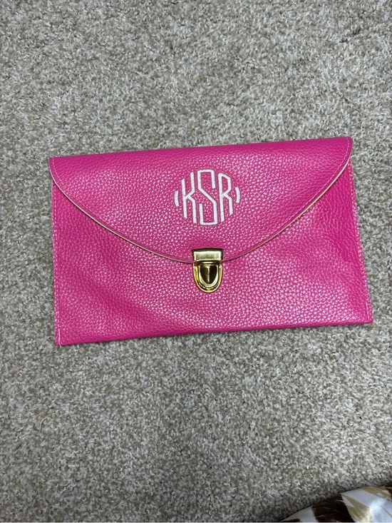 Monogrammed Pink Leather Envelope Clutch - Gold Hardware