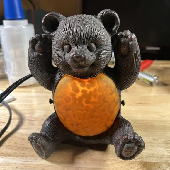 Vintage Resin Black Bear Accent Lamp with Amber Mottled Glass Belly Night Light