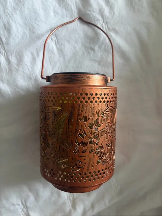 Brand New Copper-Tone Floral & Bird Metal LED Lantern