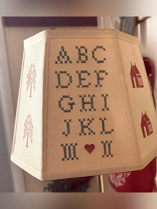Amazing Vintage Folk Art Primitive Cross Stitch Sampler Lampshade 6-3/4