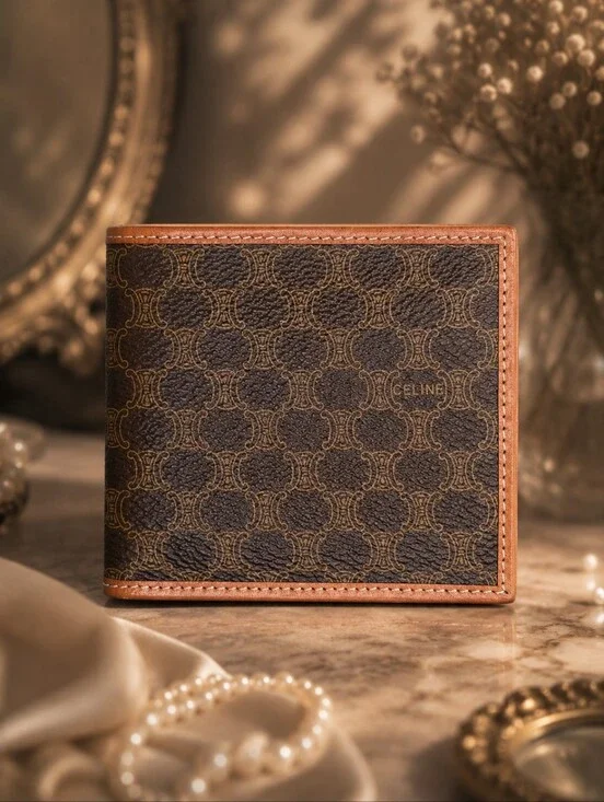 Authentic Vintage Celine Macadam Triomphe Bifold Wallet Brown Tan w/ Entrupy COA
