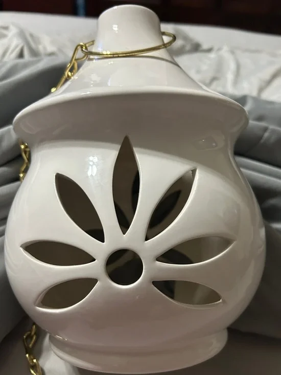 PartyLite White Ceramic Lantern with Gold Hanging Chain
