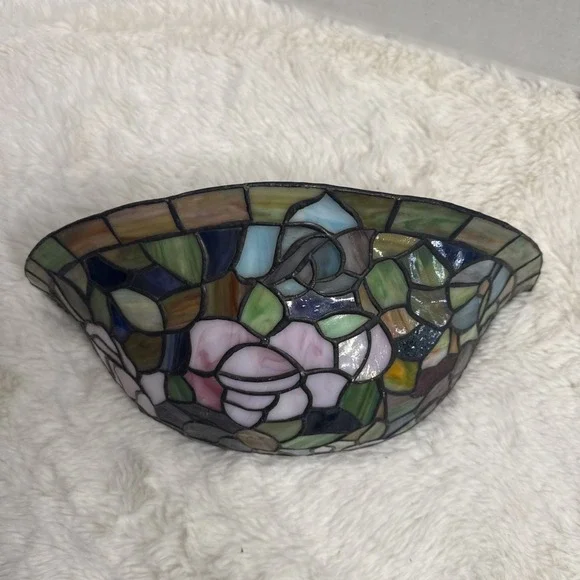 Tiffany Style Wall Sconce Rosebush Floral Vintage Stained Glass Round Fan Light