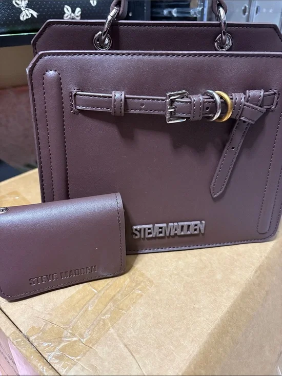 Steve Madden Brown Satchel with Belt-Detail and Card Wallet