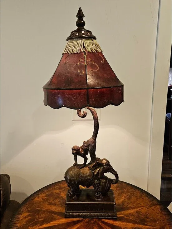 Rare Maitland-Smith Whimsical Elephant & Monkey Figural Table Lamp - 33 In Tall