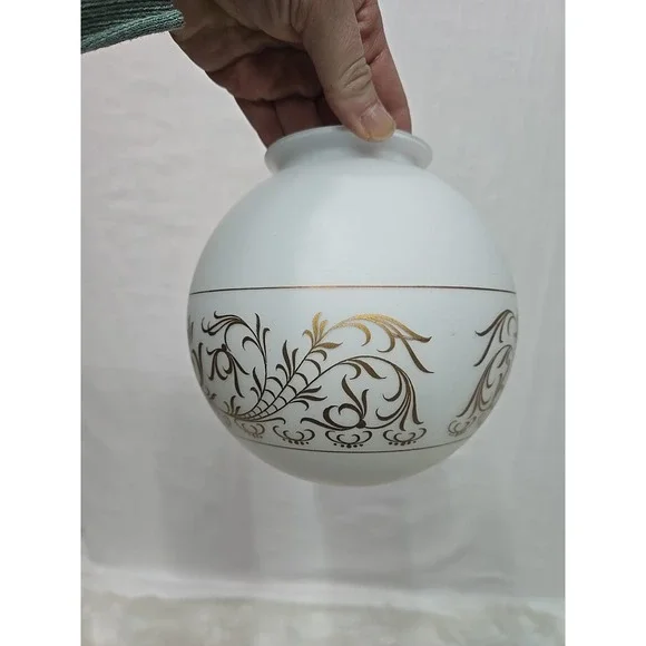 Vintage MCM White Glass Globe Shade Ceiling Light Gold Floral Leaf Design 6