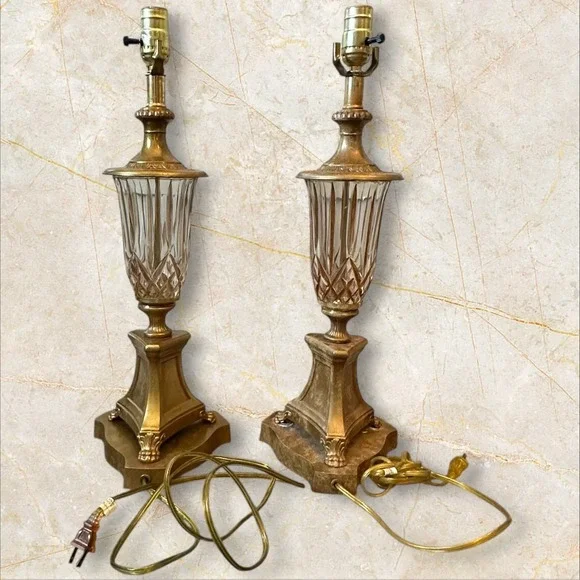 Coordinating Vintage Hollywood Regency‎ Gold Cut Glass Table Lamps 22