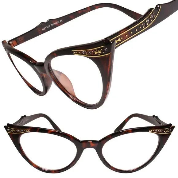 Womens Tortoise Cat Eye Clear Lens Glasses Gold Rhinestone Retro