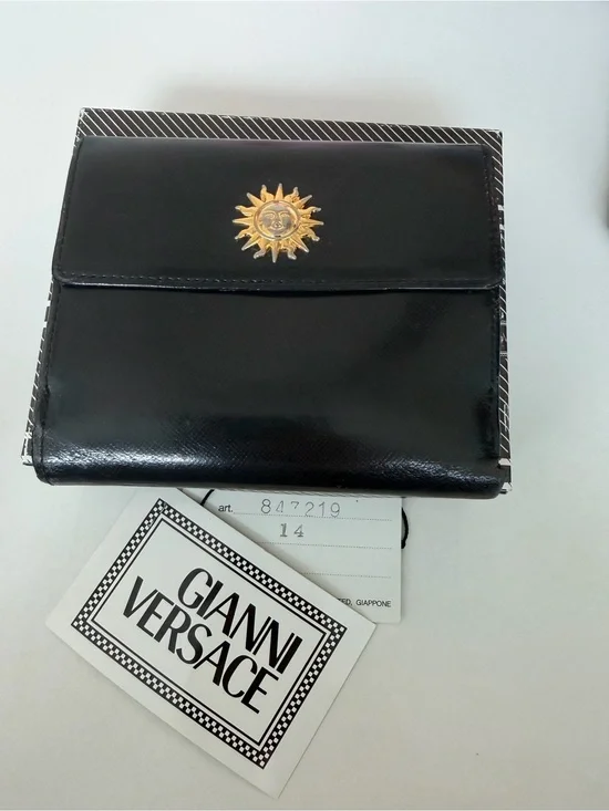 Vintage Gianni Versace Black Patent Leather Wallet with Gold Medusa Sun