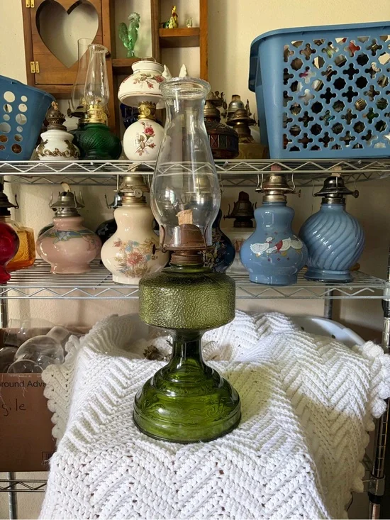 Vintage Green Depression Glass Oil Lamp - Decorative Home Accent