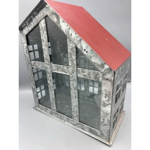 Galvanized Metal House Lantern Red Roof Decorative‎ Accent