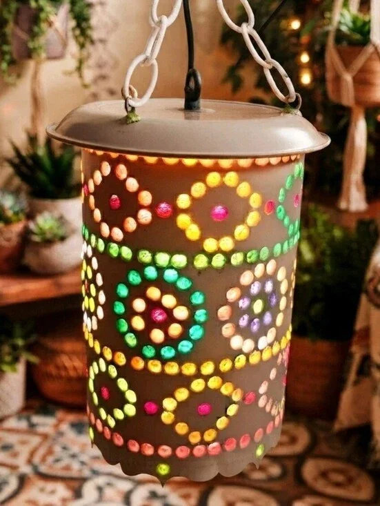 Vintage Moroccan Turkish Style Hanging Swag Lamp Multicolor Jewel Pierced Metal