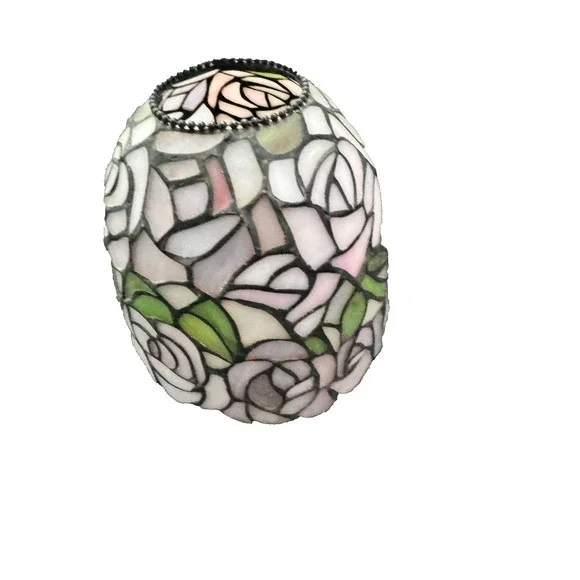 Vintage Tiffany Style Stained Glass Rose Lamp Shade Beaded Crown & Scalloped rim