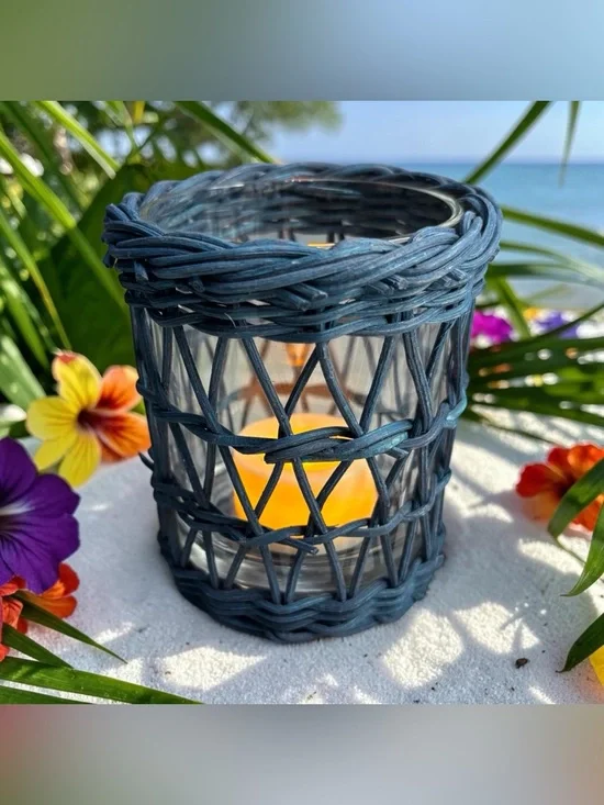 Vintage Rustic Blue Wicker Glass Tea Light Votive Candle Holder Coastal Patio