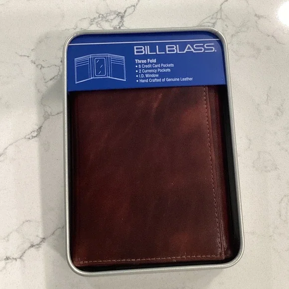 Bill Blass Mens Trifold Wallet Genuine Leather Brown Cognac ID Window with Tin